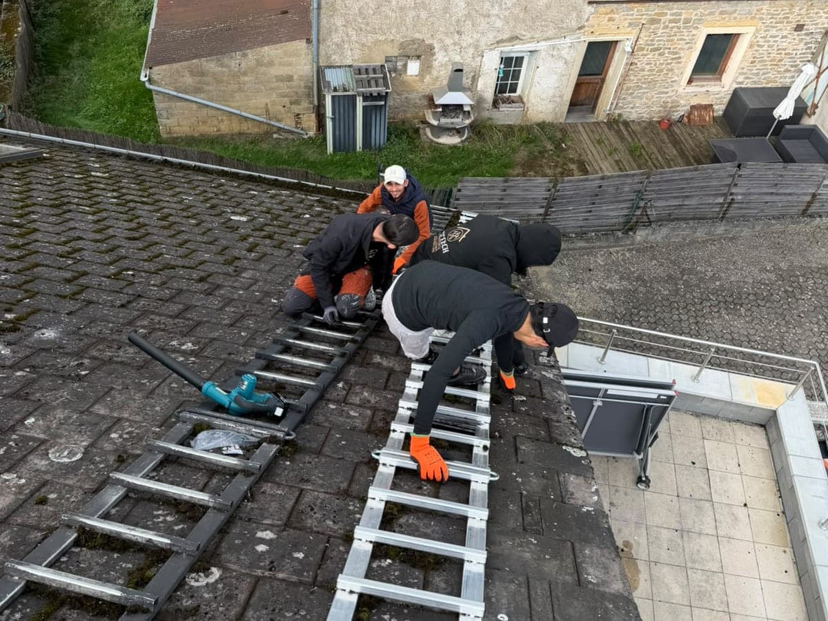 Équipe de couvreurs en train de démousser un versant de toiture depuis des échelles posées sur la couverture